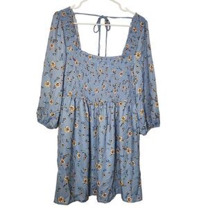 Xhileration floral tunic top blue yellow ruched balloon sleeve Size XL